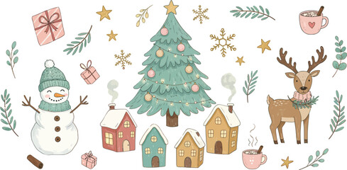 Fototapeta premium A festive Christmas card vector illustration with a deer, featuring winter holiday decoration elements, snow, and a stylized Christmas tree ornament