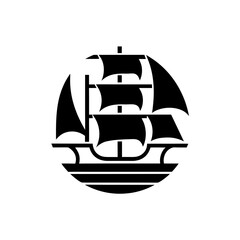Silhouette of a sailing ship emblem on transparent background