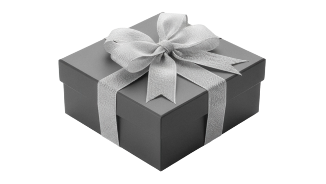 Elegant gray gift box with silver ribbon isolated PNG, present for special occasions and holidays on transparent background