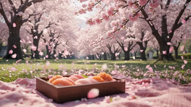 Idyllic Spring Picnic with Sweet Mochi Under Lush Cherry Blossom Trees, Petals Falling on Pink Blanket