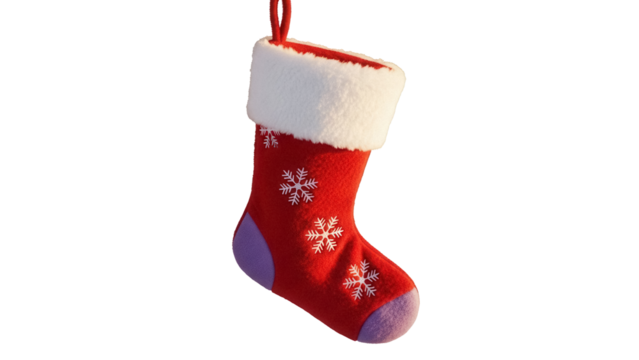 Red Christmas stocking with snowflakes isolated PNG, holiday decoration for gifts and festive season designs on transparent background