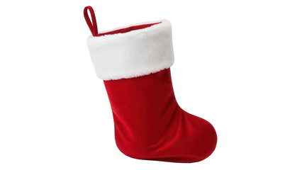 Red Christmas stocking with white fur trim isolated PNG, holiday decoration for gifts and festive season on transparent background