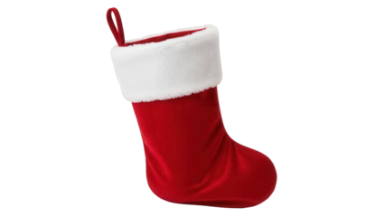 Red Christmas stocking with white fur trim isolated PNG, holiday decoration for gifts and festive season on transparent background
