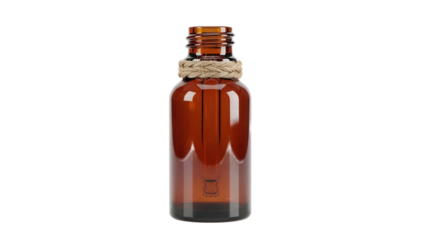 Amber glass bottle with rope isolated PNG on transparent background, essential oil container for aromatherapy and natural medicine