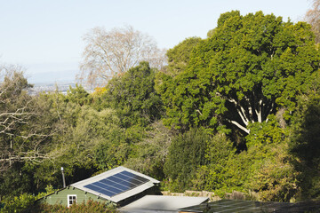 Small green outbuilding is sitting on wooded hillside near skyline with solar panels on metal roof