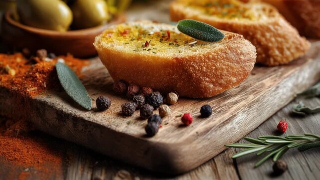 Toasted Bread With Olive Oil Olives And Spices On A Wooden Board