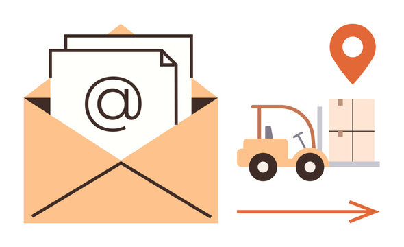 Fototapeta Email envelope with at sign, forklift carrying boxes, location pin, and forward arrow. Ideal for logistics, email marketing, communication, shipping, business strategy process flow global