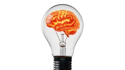 Brain inside lightbulb PNG isolated on transparent background, creative idea concept for innovation and intelligence, thinking process