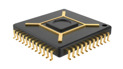 Black microchip PNG isolated on transparent background, computer component with gold pins for electronics and technology projects