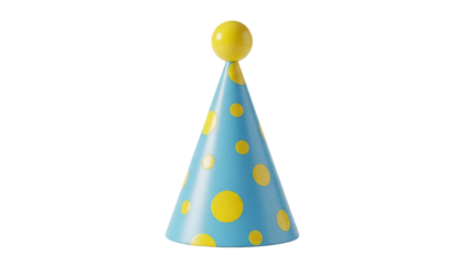 Light blue party hat with yellow polka dots isolated PNG, festive celebration headwear for birthday and special events