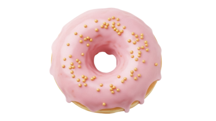Delicious pink donut with golden sprinkles isolated PNG, sweet treat for dessert and bakery concepts on transparent background