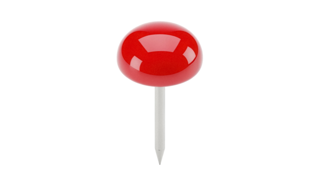 Red push pin PNG isolated on transparent background, office supply for bulletin boards and maps, notice board tack