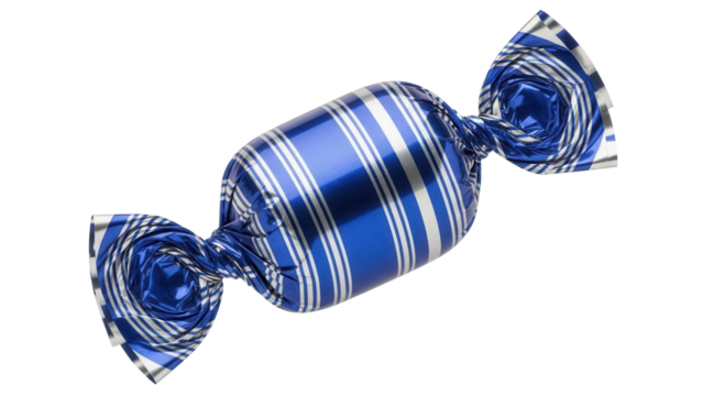Blue striped candy wrapped in foil isolated PNG, sweet treat for holidays and special occasions on transparent background