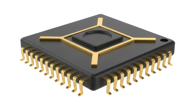 Black microchip PNG isolated on transparent background, computer component with gold pins for electronics and technology projects