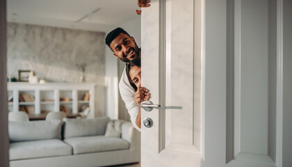 Playful couple peeking through doorway in modern home, creating memories and sharing laughter in cozy interior setting perfect for real estate ads