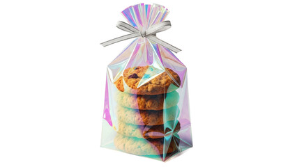 Stack of oatmeal raisin cookies in iridescent gift bag isolated PNG, homemade baked goods for...