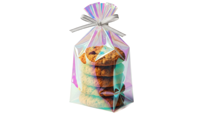 Stack of oatmeal raisin cookies in iridescent gift bag isolated PNG, homemade baked goods for holiday treat or party favor