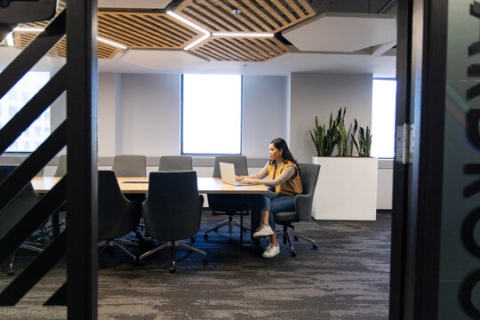 Female professional sitting at conference table on right working on laptop near planter, copy space