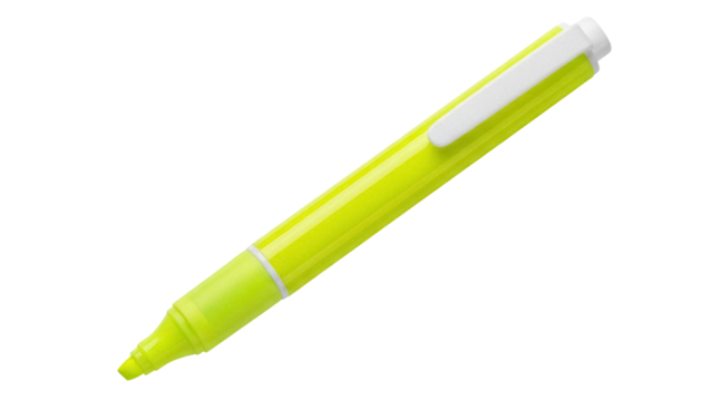 Yellow highlighter pen isolated PNG on transparent background, office supply for highlighting and drawing attention