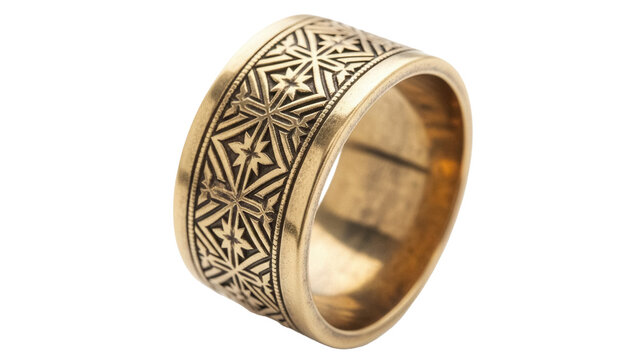 Ornate gold ring isolated PNG on transparent background, vintage jewelry with intricate star and geometric pattern for fashion and design