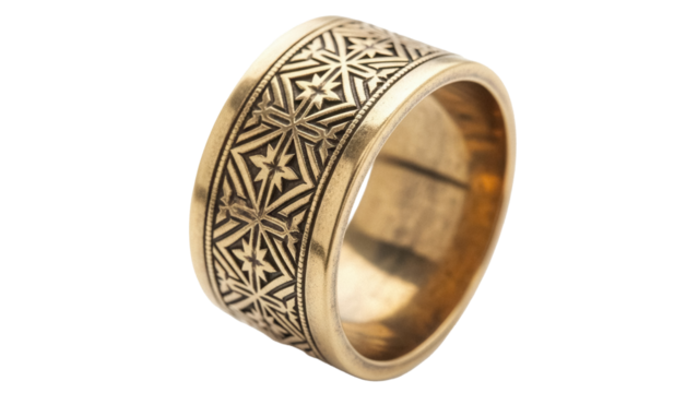 Ornate gold ring isolated PNG on transparent background, vintage jewelry with intricate star and geometric pattern for fashion and design