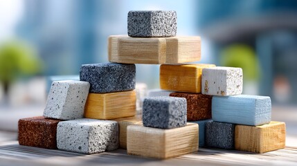 Stacked multi-textured building blocks forming an unstable pyramid structure, symbolizing challenge, balance, and strategic construction with detailed textures and natural lighting.