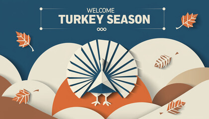 Celebrate Turkey Season with this festive and modern paper-cut design featuring autumn leaves and a bold turkey, perfect for holiday promotions