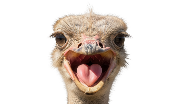 Ostrich head with open beak isolated PNG on transparent background, funny bird portrait with expressive face for wildlife concepts