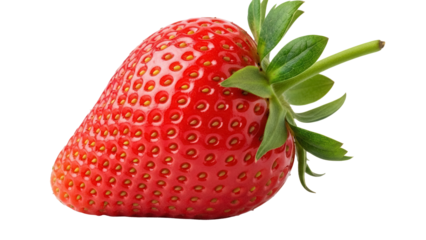 Fresh red strawberry isolated PNG on transparent background, ripe fruit with green leaves for healthy eating and summer designs