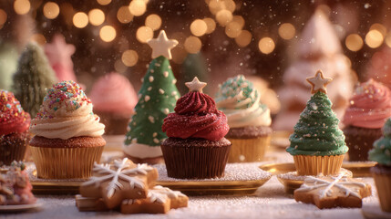 Festive holiday cupcakes decorated like Christmas trees and snowflakes, perfect for seasonal celebrations.
