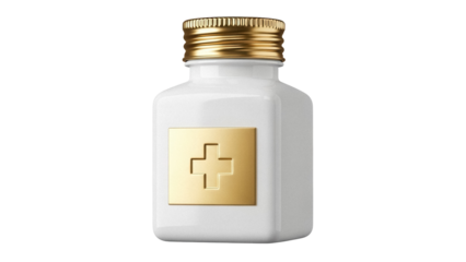 White medicine bottle with gold cap and cross isolated PNG, healthcare container on transparent background for medical and pharmaceutical use