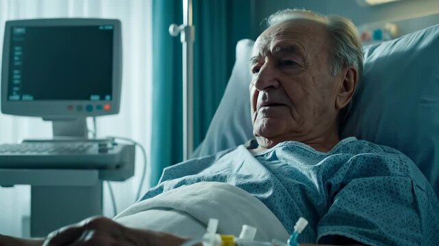 Sad elderly patient lies alone in a hospital bed. The sick senior man rests in a modern hospital. This patient is recovering from illness. He looks out of the window while in the hospital bed.