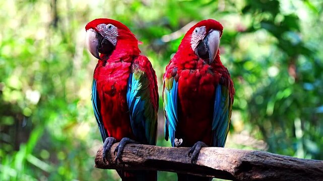 Two blue-and-yellow macaws perch close together, grooming and nuzzling each other against a soft, green forest backdrop in Bangkok
