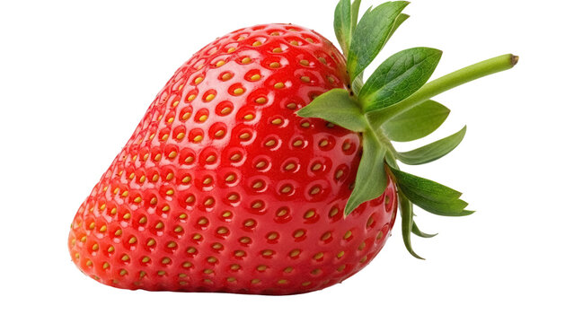 Fresh red strawberry isolated PNG on transparent background, ripe fruit with green leaves for healthy eating and summer designs