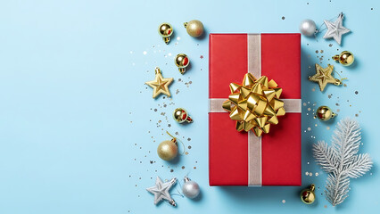 Festive red gift box with a sparkling gold bow, surrounded by shimmering holiday decorations on a serene blue background, perfect for Christmas celebrations and joyous gifting occasions