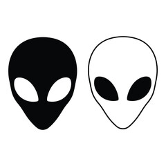Two stylized alien heads, one black and one white, facing forward in a simple graphic design
