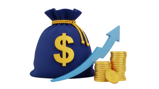 Blue money bag with dollar sign and golden coins isolated PNG, financial growth concept for business and investment on transparent background