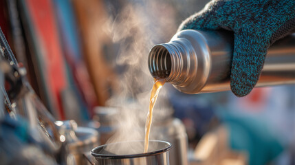Thermos and gloves: detail close-up of hot drink pouring