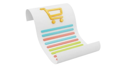 Shopping list isolated PNG on transparent background, 3D render of a receipt with a shopping cart icon for online shopping and e-commerce