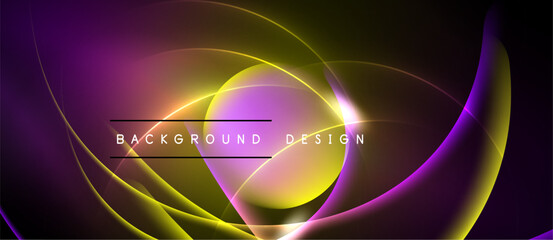 Abstract neon lines create dynamic curves, vibrant purple, gold hues. Background design suggests energy, movement, modern aesthetic.