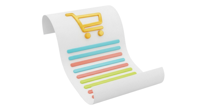 Shopping list isolated PNG on transparent background, 3D render of a receipt with a shopping cart icon for online shopping and e-commerce