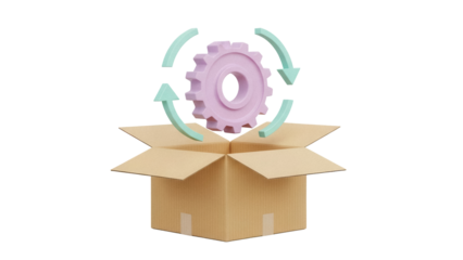 Pink gear with green arrows coming out of a cardboard box isolated PNG, concept of innovation and creative solutions on transparent background