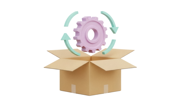 Pink gear with green arrows coming out of a cardboard box isolated PNG, concept of innovation and creative solutions on transparent background