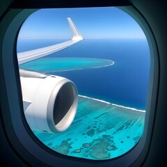 Fototapeta premium Aerial view of turquoise waters and coral reefs from airplane window during flight vacation travel destination adventure showing aircraft wing and engine