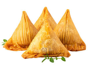 Close-up of four golden-brown triangular pastries, garnished with green sprigs