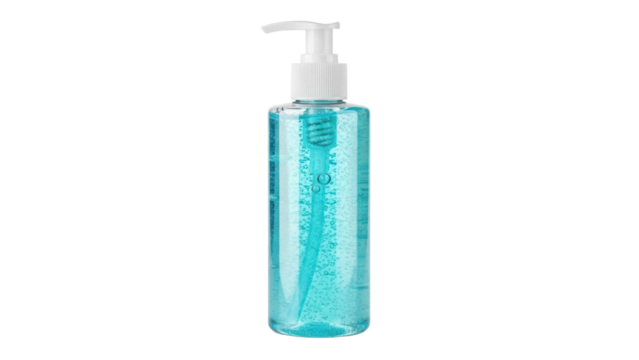 Blue hand sanitizer gel in clear bottle isolated PNG, antibacterial liquid soap for hygiene and health on transparent background