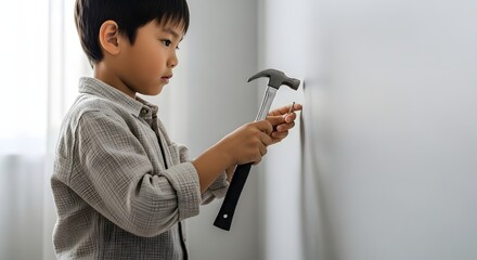 Focused young asian boy hammering a nail into a clean white wall with a hammer for home improvement concept and learning new skills development