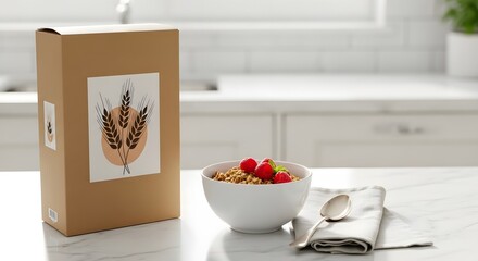 Unbranded cereal box and breakfast bowl with granola and raspberries on a clean kitchen counter for healthy eating concept and product display