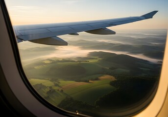 Airplane wing against a backdrop of rolling hills and misty valleys aerial perspective with golden light and airplane window offering a scenic travel view