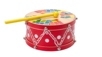 Red toy drum with yellow stick isolated PNG, musical instrument for kids on transparent background, percussion toy for children